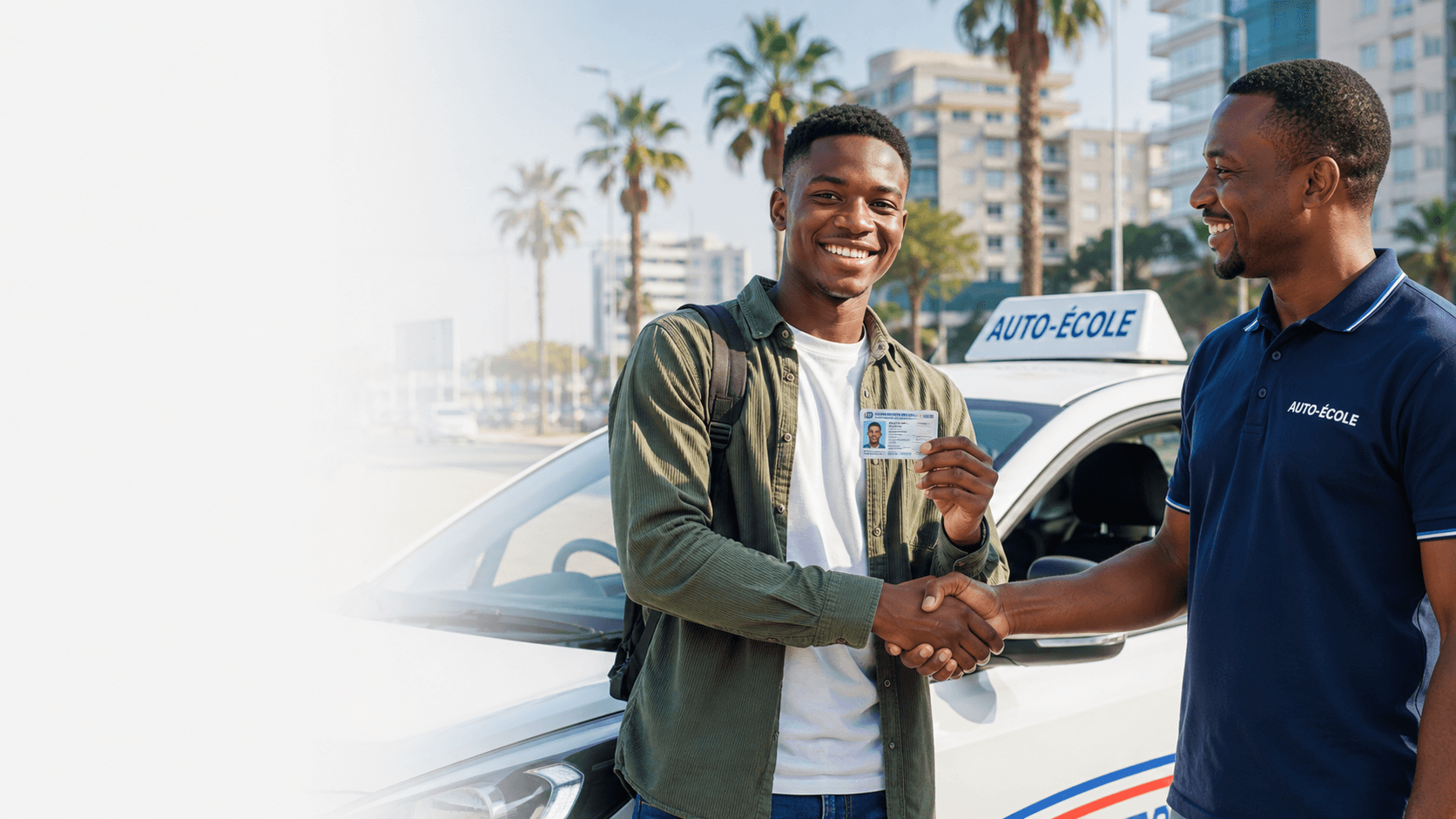 Un jeune élève sénégalais reçoit son permis des mains de son moniteur, devant le véhicule de l'auto-école
